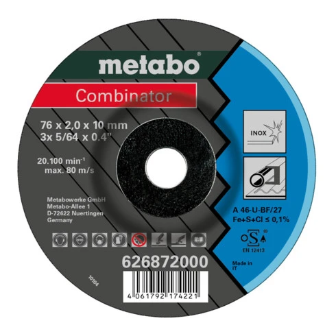 Metabo 3 Combinator 76x2,0x10 Mm, Inox, Meule De Tronçonnage Et Meule D’ébarbage, Modèle Coudé (626872000) 3 Metabo 3 Combinator 76x2,0x10 Mm, Inox, Meule De Tronçonnage Et Meule D’ébarbage, Modèle Coudé (626872000)
