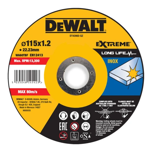 Disque à Tronçonner DeWalt EXTREME 115x1,2x22,23mm Inox Type 41 (plat) DT43903-QZ 3 Disque à Tronçonner DeWalt EXTREME 115x1,2x22,23mm Inox Type 41 (plat) DT43903-QZ