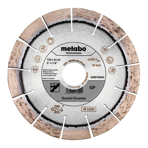Metabo Disque à Tronçonner Diamanté 125x22,23mm, "GP", Granit "professional 3 Metabo Disque à Tronçonner Diamanté 125x22,23mm, "GP", Granit "professional