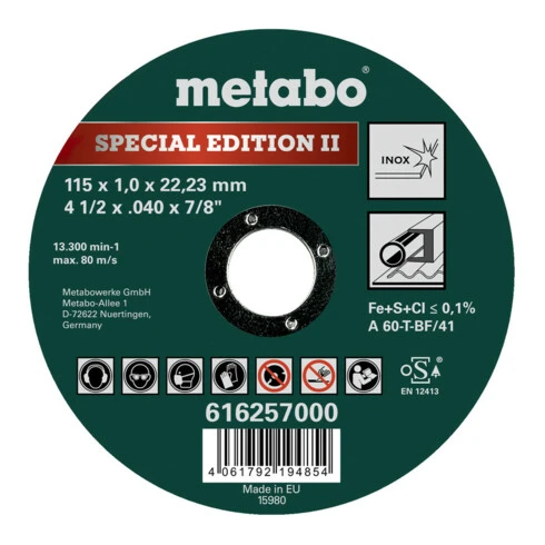 Meule De Tronçonnage Metabo Special Edition II 115 X 1,0 X 22,23 Mm, Inox, Version Droite 3 Meule De Tronçonnage Metabo Special Edition II 115 X 1,0 X 22,23 Mm, Inox, Version Droite