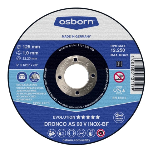 Roue De Tronçonnage Osborn AS60V Inox 125x1,0x22,23 Mm T41 3 Roue De Tronçonnage Osborn AS60V Inox 125x1,0x22,23 Mm T41
